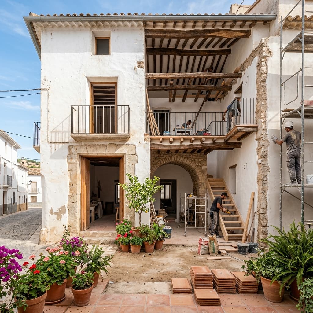 Casa de pueblo en Valencia con patio interior reformado combinando muros de piedra original y arquitectura moderna | Reformas Integrales Valencia