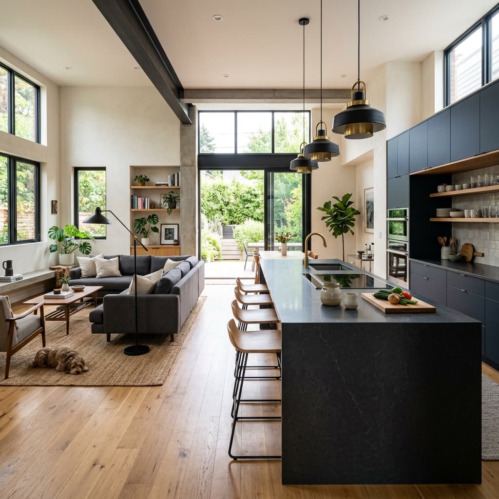 Diseño de interior moderno con una cocina negra abierta al salón mediante una isla de madera | Reformas Integrales Valencia