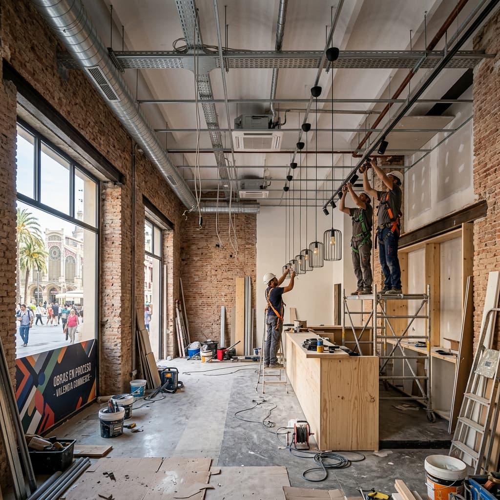 Obreros instalando conductos de ventilación e iluminación en la reforma integral de un local comercial en Valencia | Reformas Integrales Valencia