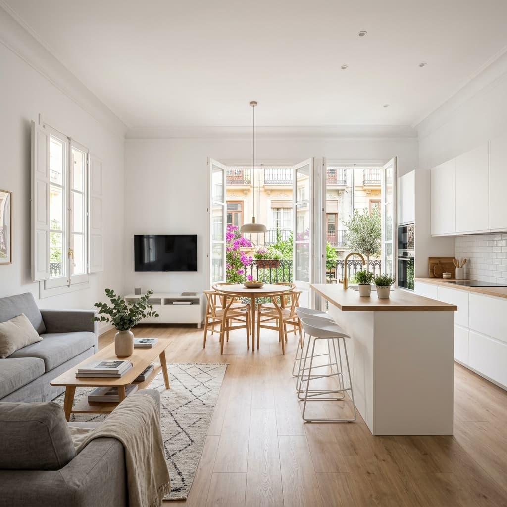 Piso de 90 metros en Valencia tras una reforma integral moderna con cocina abierta y suelo laminado | Reformas Integrales Valencia