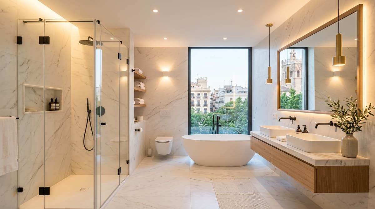Baño reformado en Valencia con azulejos de mármol y ducha de vidrio | Reformas Baños Valencia