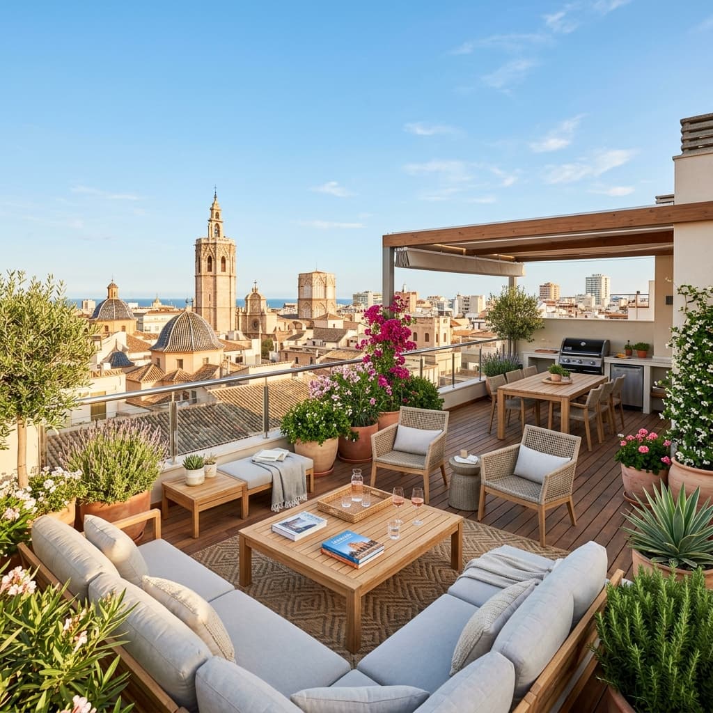 Terraza de ático reformada en Valencia con pérgola y mobiliario moderno | Reformas Integrales Valencia